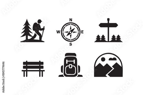 Hiking and outdoor adventure icons set with compass, backpack, trail sign, mountains and forest silhouettes