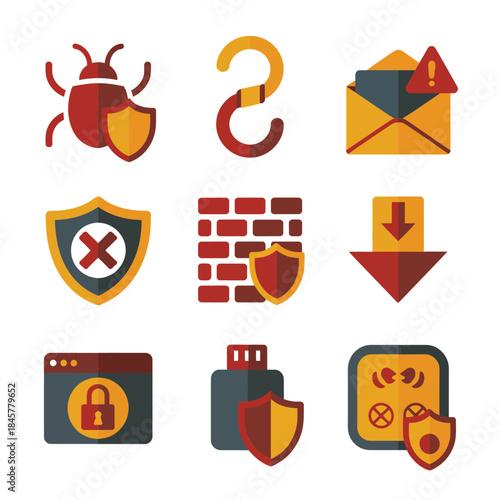 Data security and threat prevention icon collection including lock shield bug alert flat vector illustration for information protection