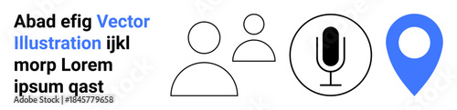 Communication, navigation, user connection, technology, voice input, social networking. Minimalist layout with people icons, a microphone and a blue location marker. Communication and navigation