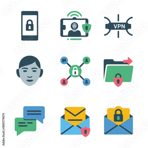 Digital identity and data security icon collection featuring profile protection vpn access encrypted email flat vector illustration,