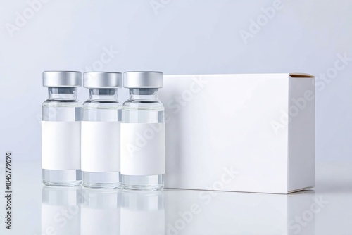 Minimalist pharmaceutical product mockup featuring three glass vials with blank labels and a white box, ideal for showcasing branding and packaging design concepts