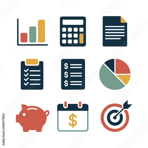 Business finance management icon collection with calculator documents pie charts targets calendar savings flat vector illustration design elements