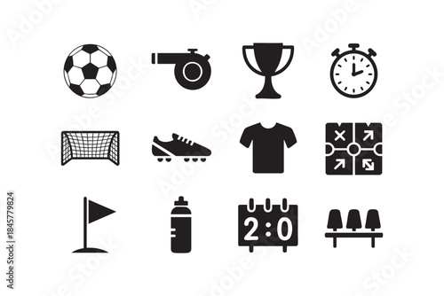 Soccer football icon set with ball, goal, whistle, trophy, tactics board and match equipment black and white vector