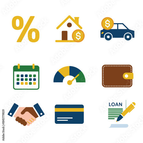 Mortgage loan and interest rate icon set with house percentage calendar car flat vector illustration design elements collection