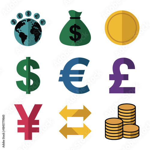 Global currency and money symbol icon collection with dollar euro pound yen exchange coins flat vector illustration design set