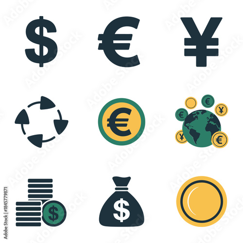 World currency and banking icon collection with dollar euro yen globe money bag flat vector illustration design elements