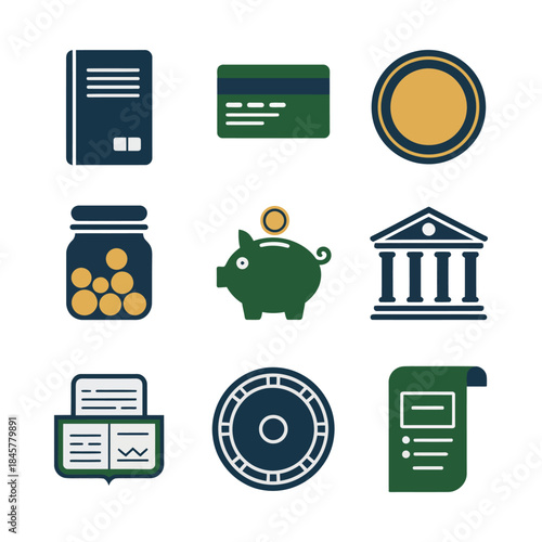 Banking and savings management icon collection with piggy bank vault documents coins flat vector illustration for financial services