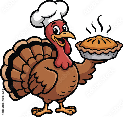 Happy chef turkey bird cartoon character holding delicious pumpkin pie for thanksgiving dinner