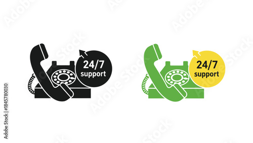 Customer service icons with a telephone handset and 24 7 support badge