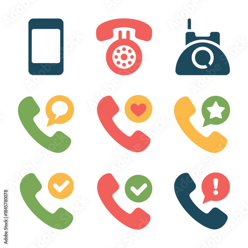 Telephone and mobile call status icon collection with voicemail emergency contact alerts, colorful communication symbols, flat vector design illustration