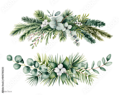 Christmas watercolor card with fir branches 