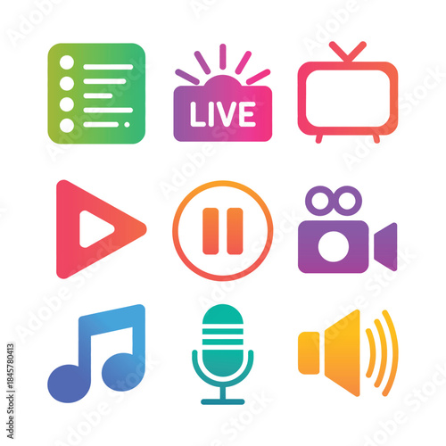 Live streaming and multimedia playback icon collection with play pause record camera sound symbols flat vector illustration design