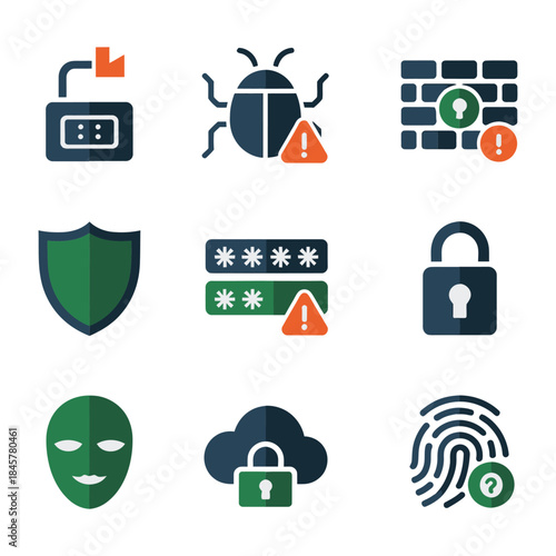 Cyber security protection icon set with firewall bug alert password lock shield symbols, network safety flat vector illustration design