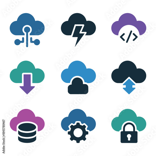 Cloud network and system operation icon set with upload download server security symbols flat vector illustration collection design