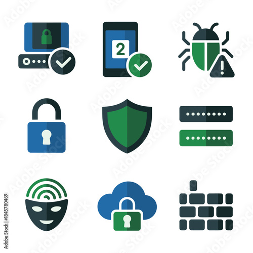 Secure access and data protection icon set with password lock shield cloud verification symbols, cyber safety flat vector illustration design