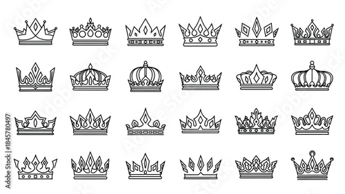 Collection of diverse royal crowns and tiaras in a black and white sketch