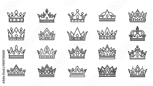 Collection of ornate crowns and tiaras in a black and white design