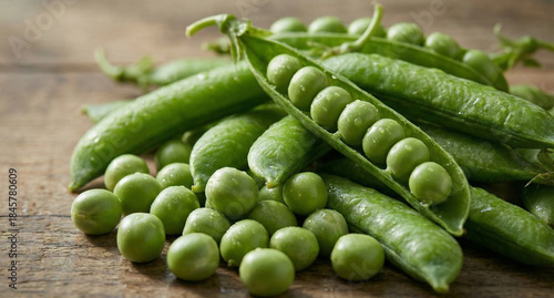 Fresh green peas and open pods on a rustic wooden table with water droplets for healthy food concept and natural produce