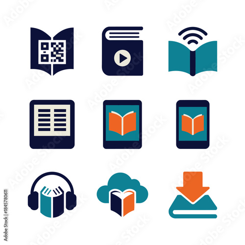 Digital reading and ebook icon collection with book audio cloud download scan symbols, modern learning flat vector illustration design