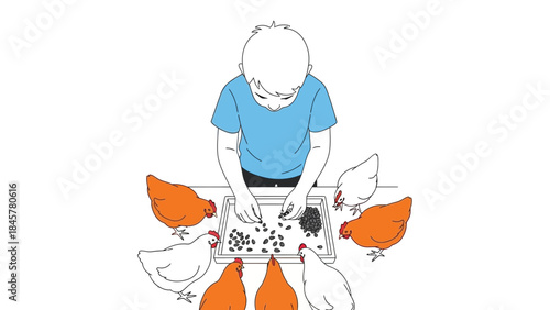A Young Boy Feeding Chickens in a Farmhouse, Farming Illustration, Feeding Poultry