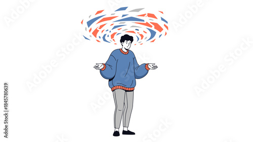 Illustration of a Man with Scattered Thoughts, Representing Confusion and Anxiety Visually