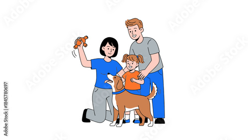 Illustration of a Family Playing with a Dog, Highlighting Family and Pet Interaction