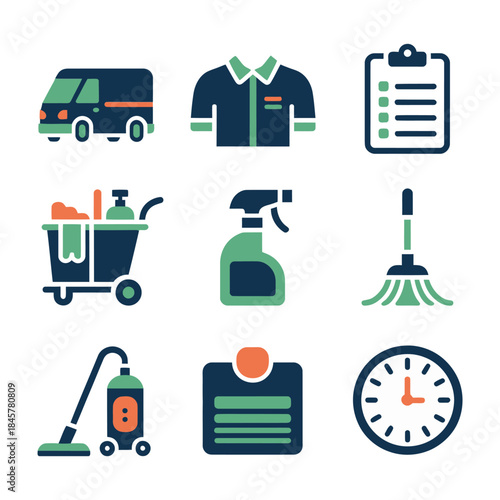 Housekeeping and janitorial equipment icon collection with cleaning cart spray bottle mop vacuum uniform, facility service flat vector illustration