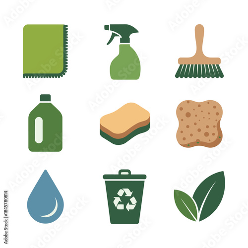 Green household cleaning product icon set with refill bottle sponge brush leaf water drop symbols, eco flat vector illustration design