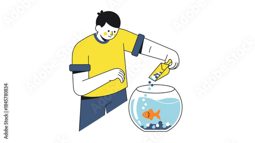 An illustration showing a person feeding a goldfish in a fishbowl on a white backdrop