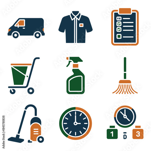 Facility sanitation and janitorial process icon collection with vacuum mop spray clock shield symbols, service management flat vector illustration