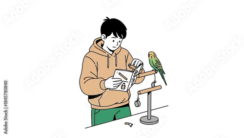 A young man assembling a bird perch with his parakeet friend in a stylish illustration