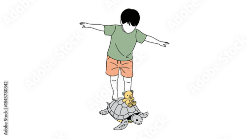 Illustration of a child balancing on a turtle with a teddy bear on its back