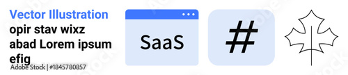 SaaS window, metadata tag symbol, and outlined leaf design blend technology with nature. Ideal for software, environment, digital tools, web apps, sustainability, branding and a simple landing page
