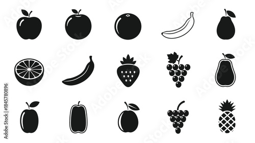 Collection of simple black and white fruit icons showcasing various produce