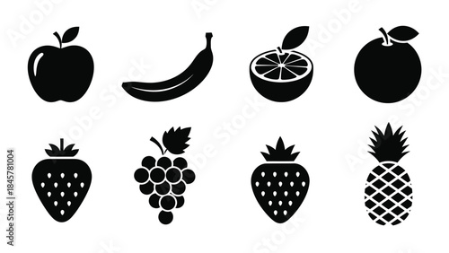 Black and white illustration of various fruits including apples bananas and pineapple