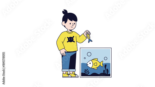 A young boy admiring his pet fish inside an aquarium with a similar decorative toy