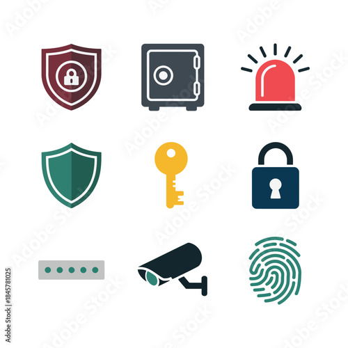 Home security and access protection icon set with shield lock key alarm camera fingerprint symbols flat vector illustration