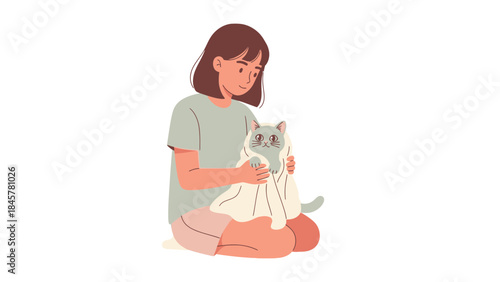 Woman comforting a cat wrapped in a towel, an illustration of pet care and love