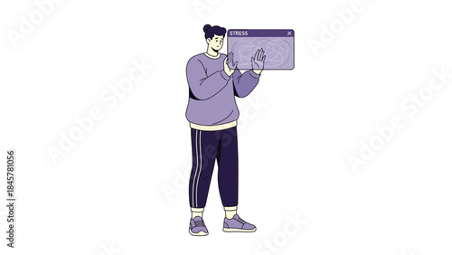 Illustration depicting a person holding a screen displaying the word stress and concept of pressure