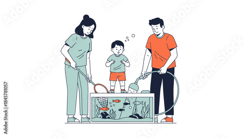 Family Cleaning a Fish Tank Together, Enjoying Their Leisure Time at Home Together