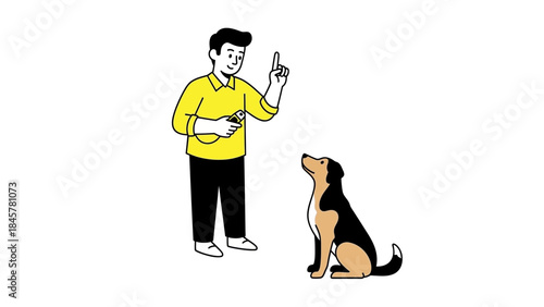 A man training a dog using a clicker, adorable pet and owner illustration