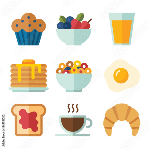 Breakfast and bakery food icon collection with pancake muffin croissant toast coffee juice flat vector illustration design