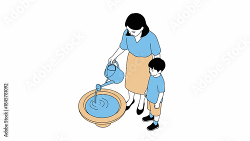 Mother and son watering something together, simple illustration style white background