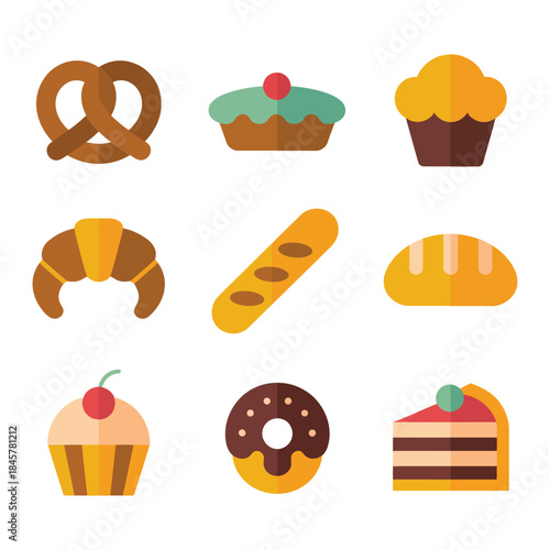 Bread and baked goods icon set with loaf baguette croissant cupcake pastry, bakery food flat vector illustration design