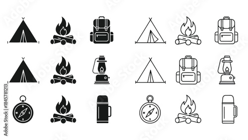 Camping and hiking icons tents campfires backpacks compasses and lanterns