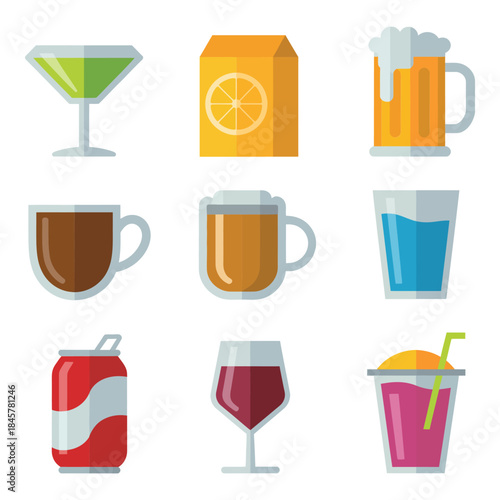 Cafe and refreshment drink icon collection with juice soda coffee beer cocktail glass, colorful flat vector illustration design
