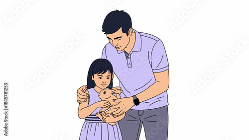 A father and daughter bonding over their pet rabbit in a heartwarming illustration