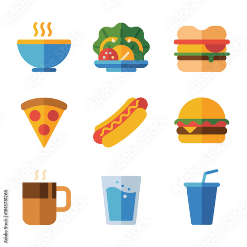 Street food and beverage icon set with burger pizza hotdog coffee tea juice, fast snack flat vector illustration
