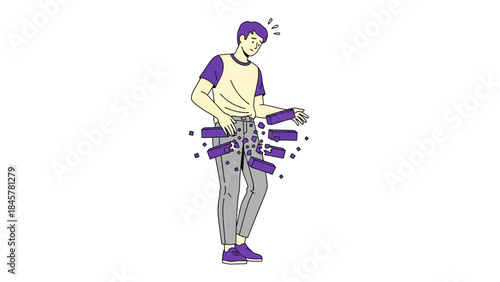 Illustration depicting a person with a problem and broken blocks bursting from the pants