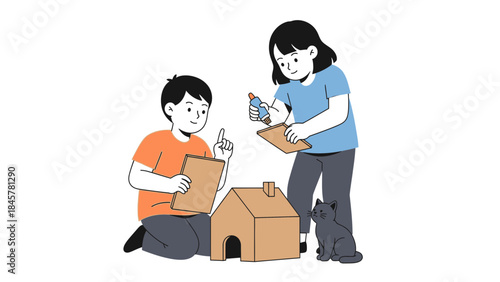 Children crafting a cardboard house with cat illustration isolated on white background